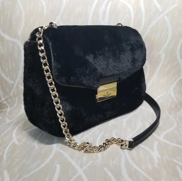 Kate Spade Carey Faux Fur Small Flap Shoulder Bag Crossbody Purse In Black